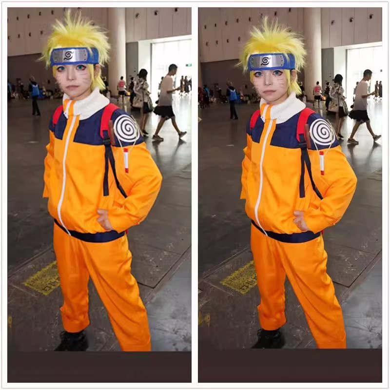 Anime Cosplay Ninja - Uzumaki Cosplay Kostüm Turuncu Elbise Kafa